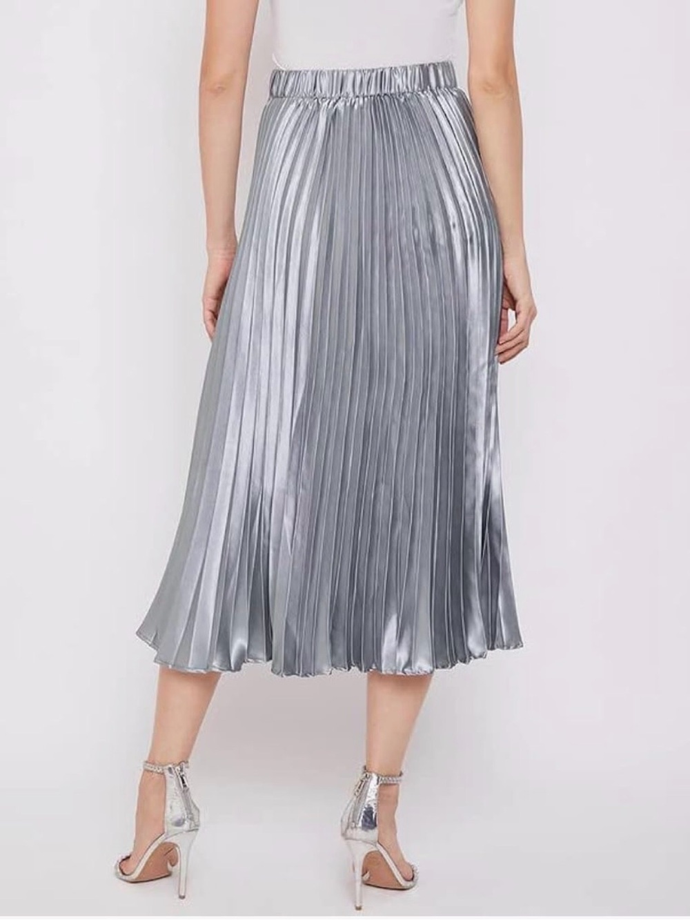 WDNY Pleated Metallic Midi Skirt - Silverish Blue XL